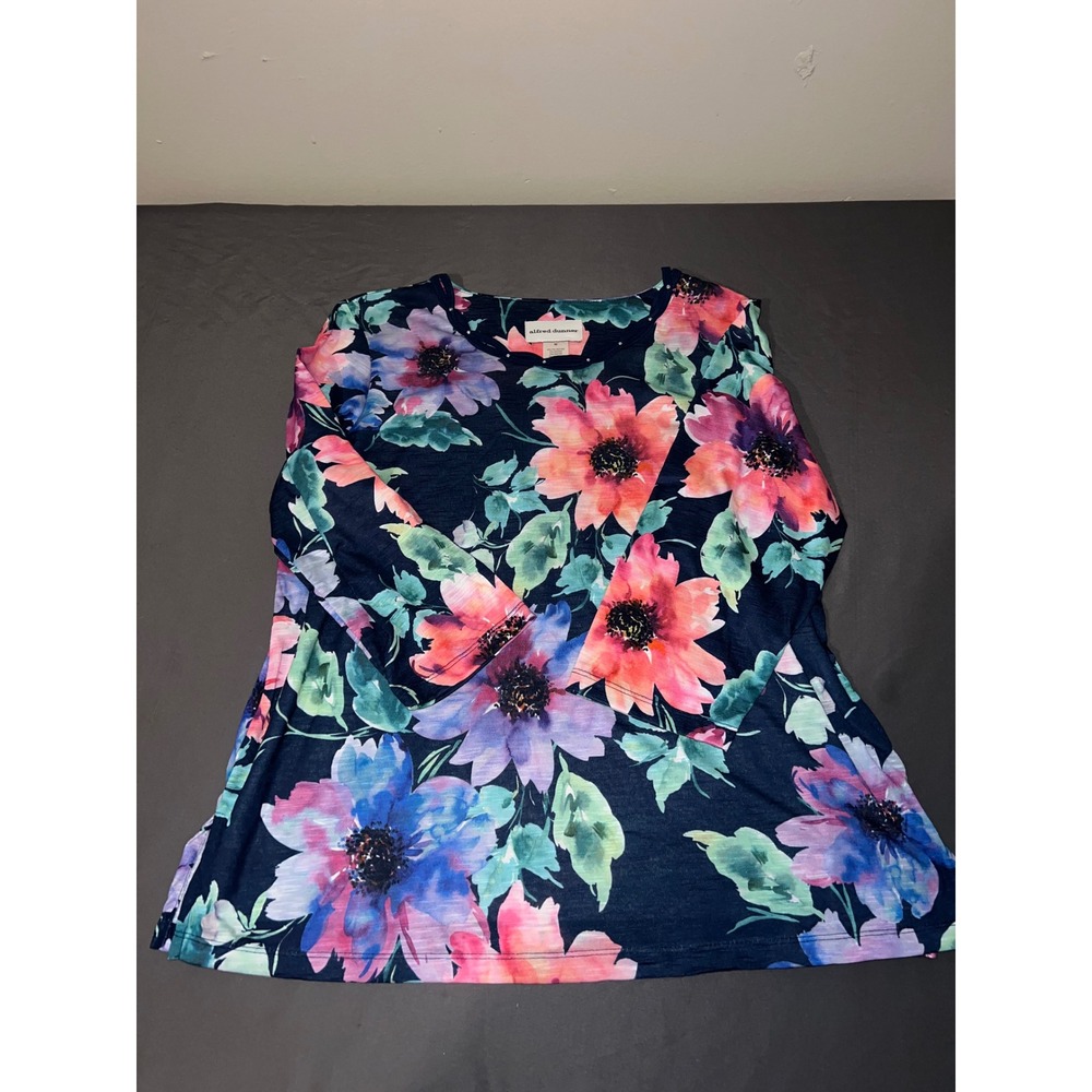 Alfred Dunner Women Navy Blue Floral Print 3/4 Sleeve Blouse Top Size M